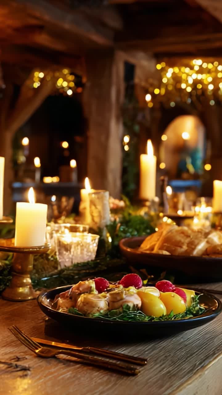An Exquisite Dining Experience Surrounded by Warm Candlelight and Festive Decor Featuring a Delicious Garnished Plate of Elegant Dish with Fresh Fruits and a Beautiful Table Setting for Celebration