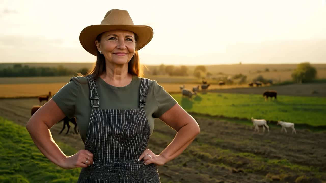 Una contadina sorridente in piedi in un campo con le mucche