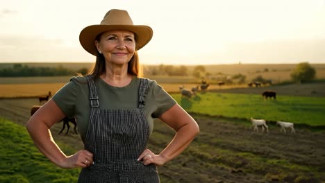 a smiling woman farmer standing in a field with cows