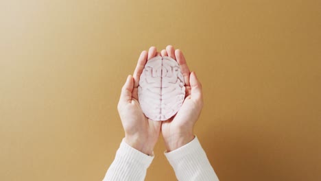 video of hands holding brain on brown background with copy space