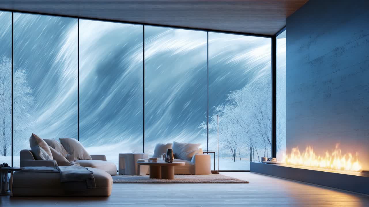 A tranquil living room scene featuring a cozy interior with soft furnishings, juxtaposed against an intense and turbulent wave crashing outside the glass walls, creating a striking contrast of calm and chaos