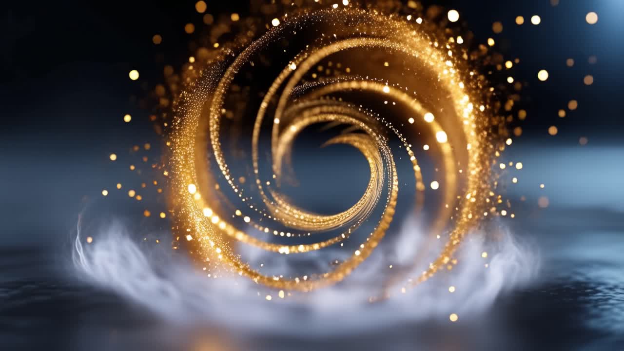 Vortici dorati ruotano in uno spazio scuro e nebbioso. Luci tremolanti si innalzano come braci attorno a un vortice. Il fumo si arriccia sotto il movimento luminoso. L'energia mistica pulsa con un potere antico e sacro.