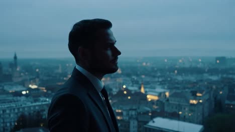 businessman contemplating cityscape at dusk