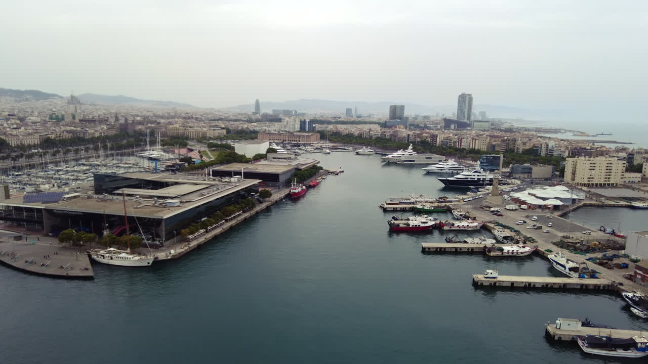 Aerial drone view of the Port Vell in Barcelona, Spain