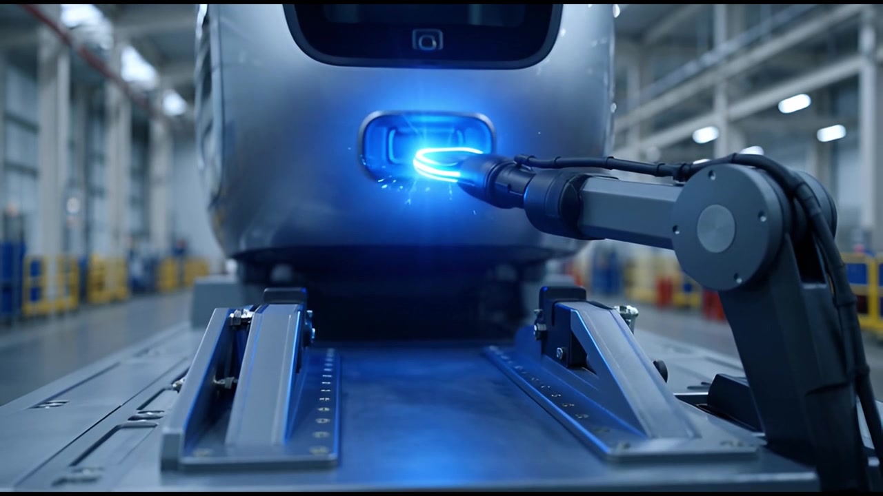 Brazo robótico automatizado conectándose a un dispositivo futurista en una fábrica