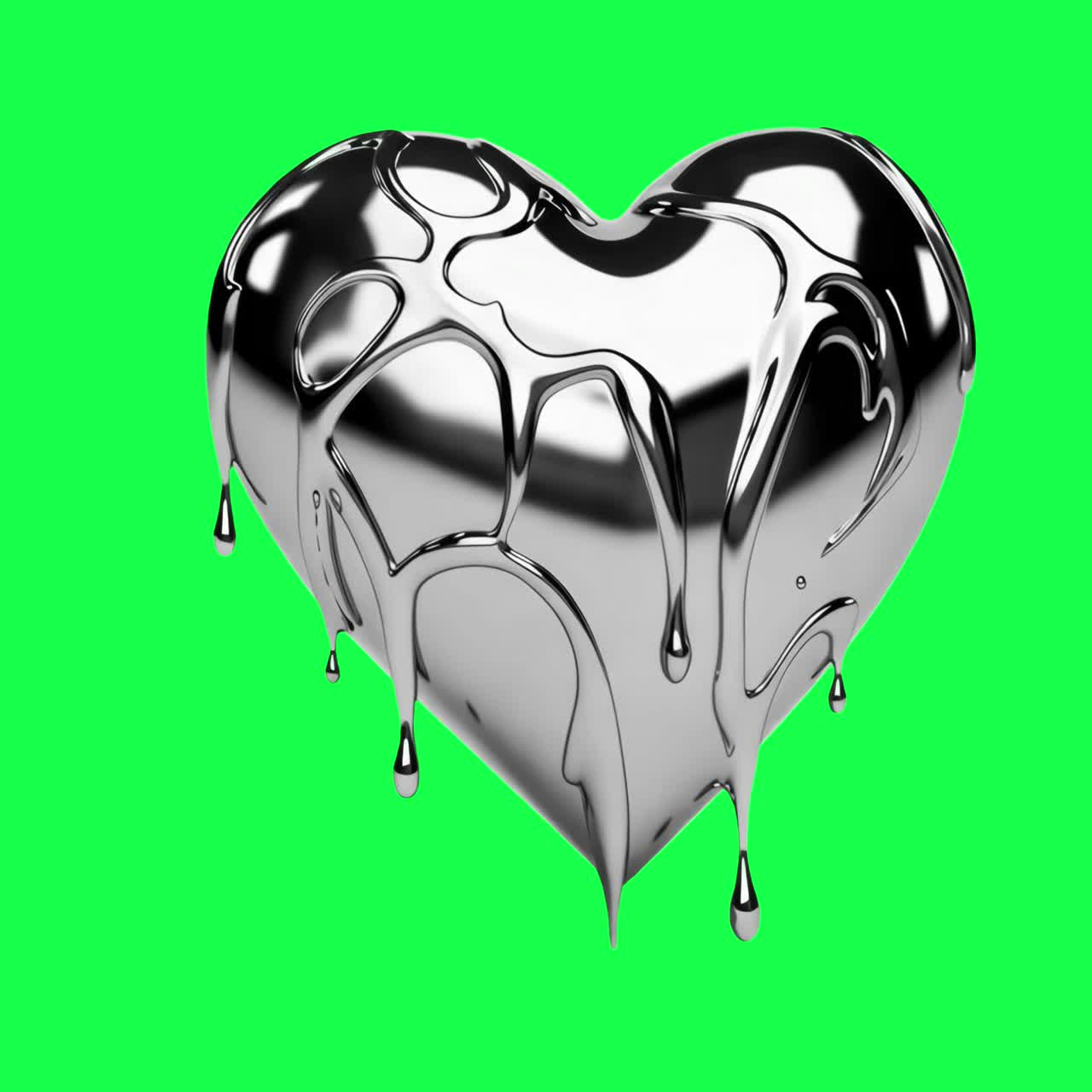Chrome heart dripping animation, transparent 4K video, green screen