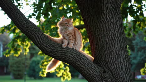 ginger cat sitting on a tree branch in sunlight