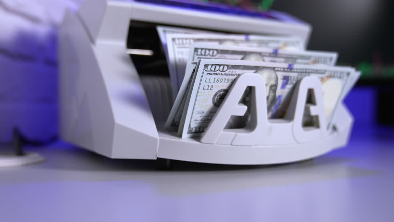 Finansiell bankmaskin for telling av dollar. Valutaberegning for bankbetalinger.