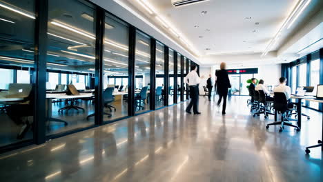 modern office interior with people working and walking