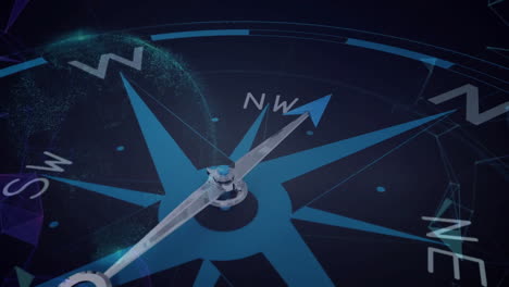 animation of magnetic needle on compass passing directions and pointing to north over globe in space