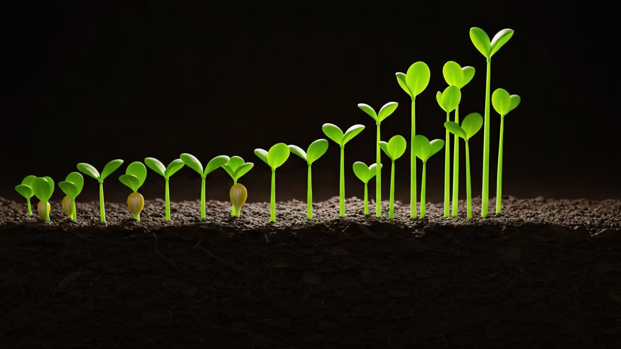 A Captivating Journey of Growth: The Transformation of Green Sprouts from Seedlings to Flourishing Plants in a Darkened Soil Environment