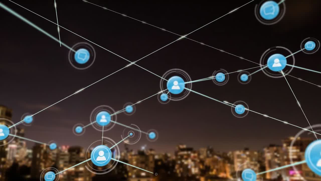 디지털 아이콘의 네트워크의 애니메이션은 밤에 도시 풍경의 공중 뷰에 대항합니다.