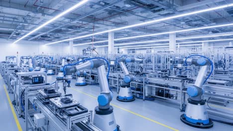an efficient robotics manufacturing facility featuring advanced automation technology with precision robots, streamlined production lines, and a modern industrial design