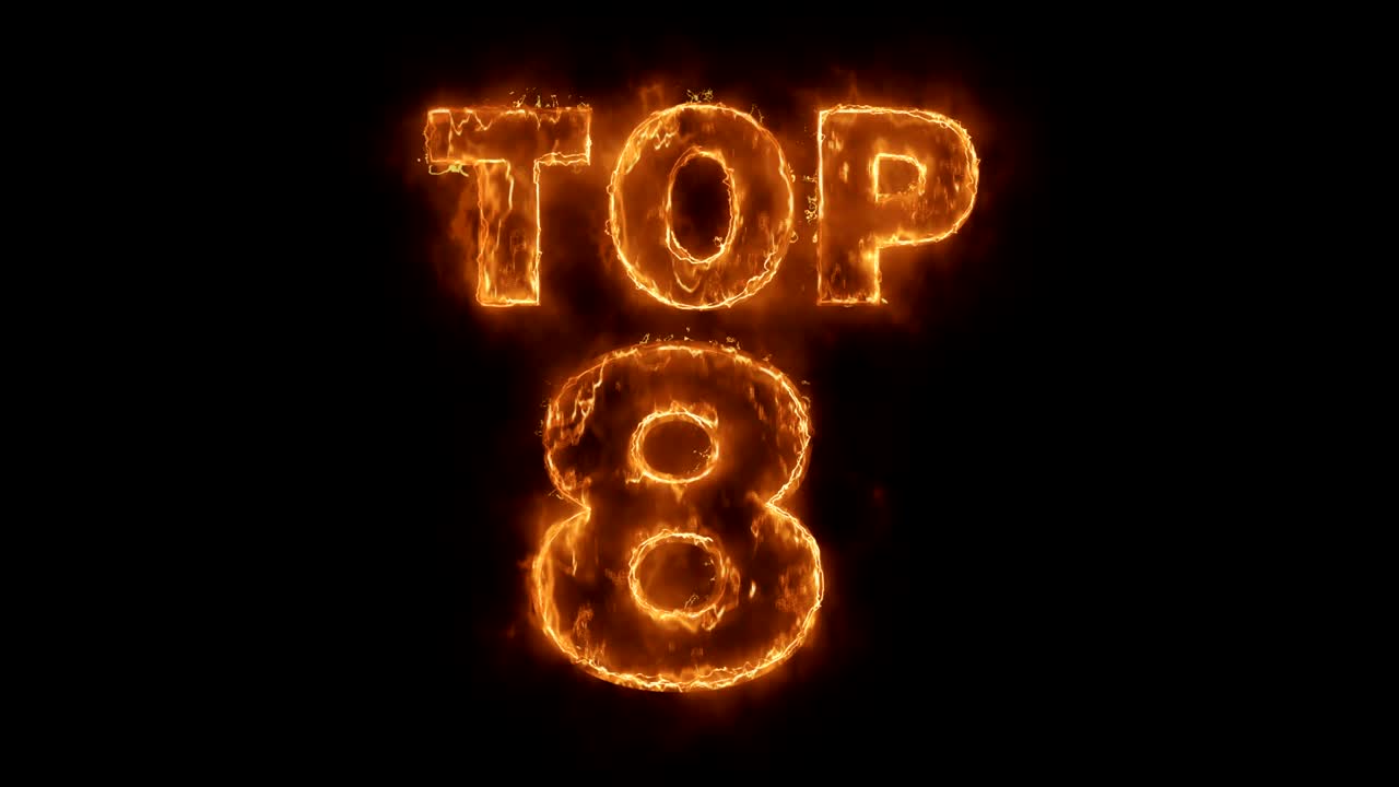 8 palabras animadas calientes que queman un bucle de llamas de fuego realista.