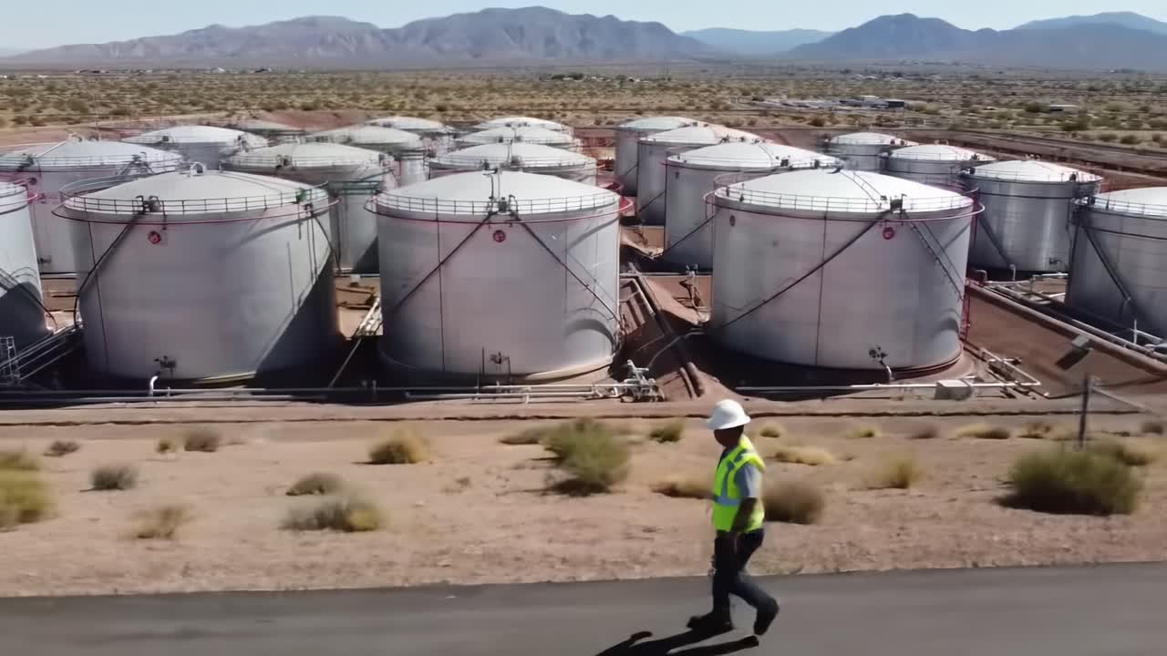 Worker Inspects Large Storage Tanks in an Industrial Area Near Mountains