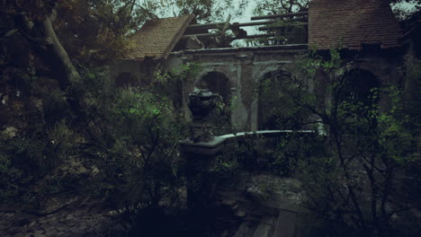 overgrown ruins of an ancient structure under a cloudy sky