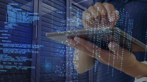Digital-composition-of-data-processing-against-mid-section-of-woman-using-digital-tablet-in-server-r