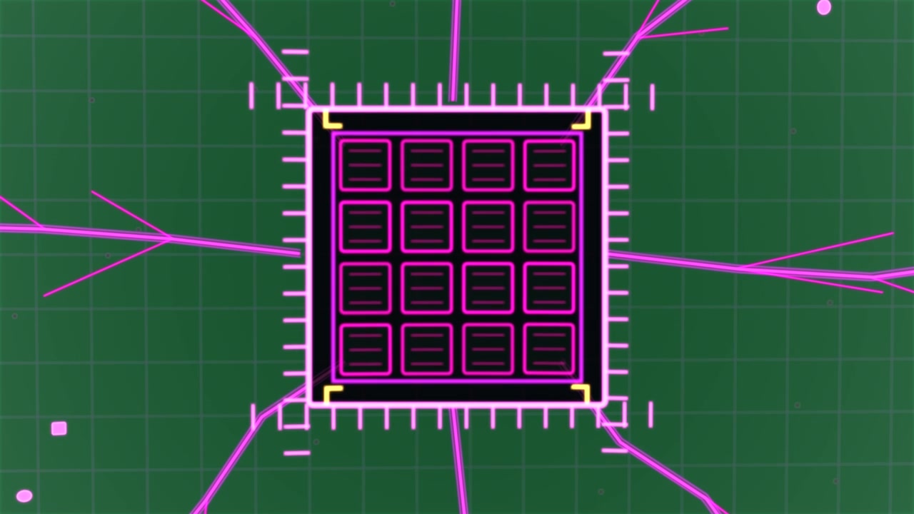 Dark mask receding revealing core chip, neon traces growing powering circuit background transparent