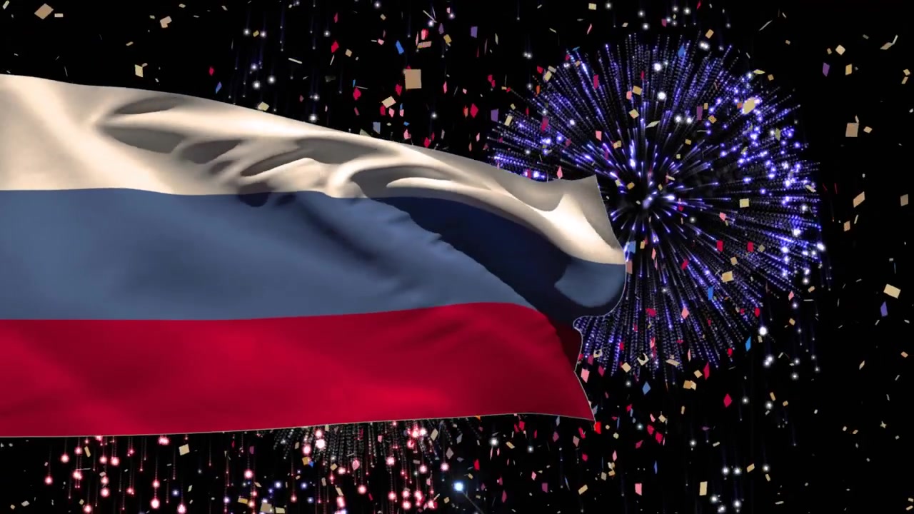 Animation af russisk flag over fyrværkeri på sort baggrund.