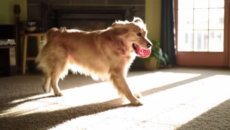 a joyful golden retriever plays in a sunlit room, enthusiastically chasing a bright red toy ball with delightful energy and curiosity