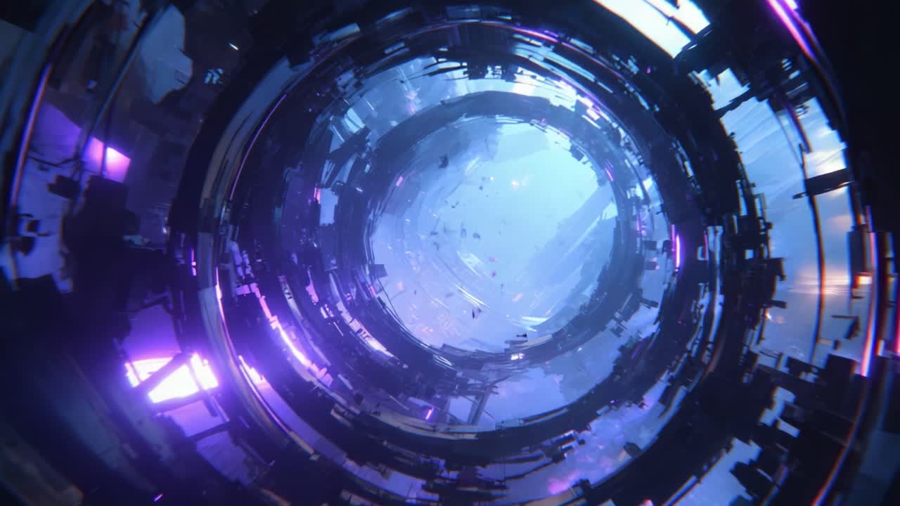 Un viaggio surreale attraverso un tunnel cosmico astratto: un'esplorazione vivida di luce e struttura in un ambiente fantascientifico pieno di intrigo.