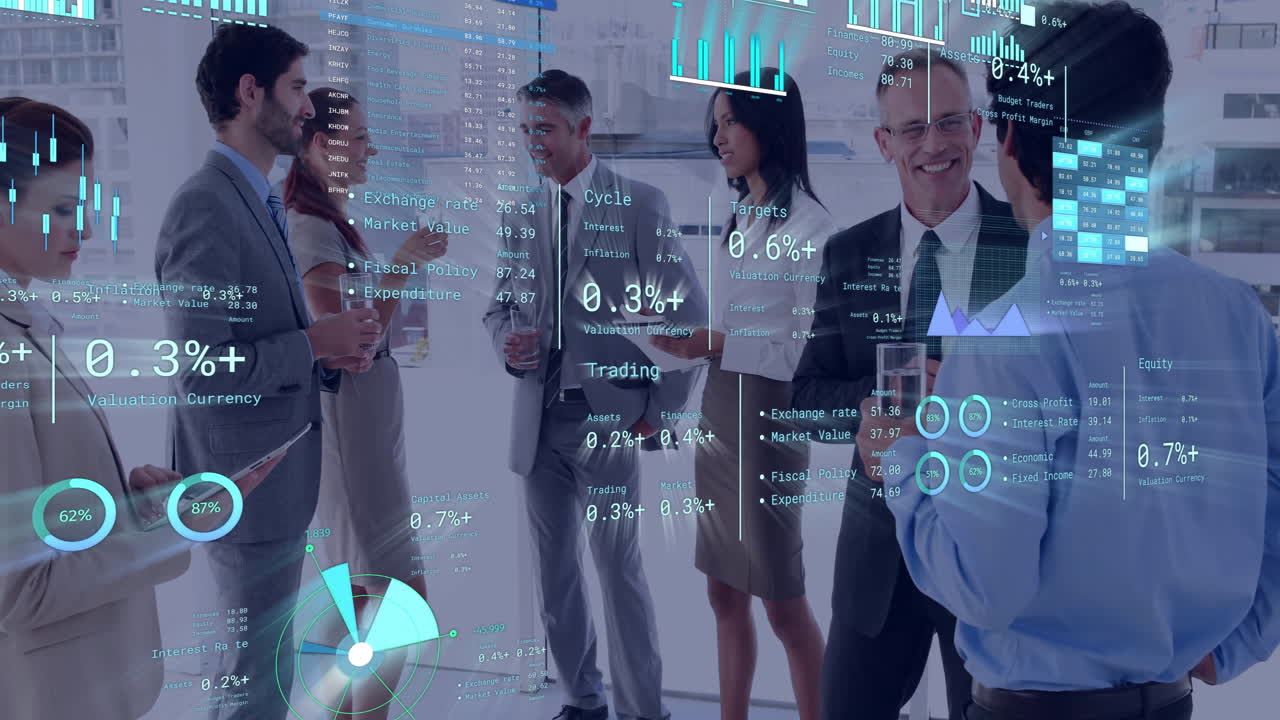 Business data and analytics animation over diverse professionals networking at event