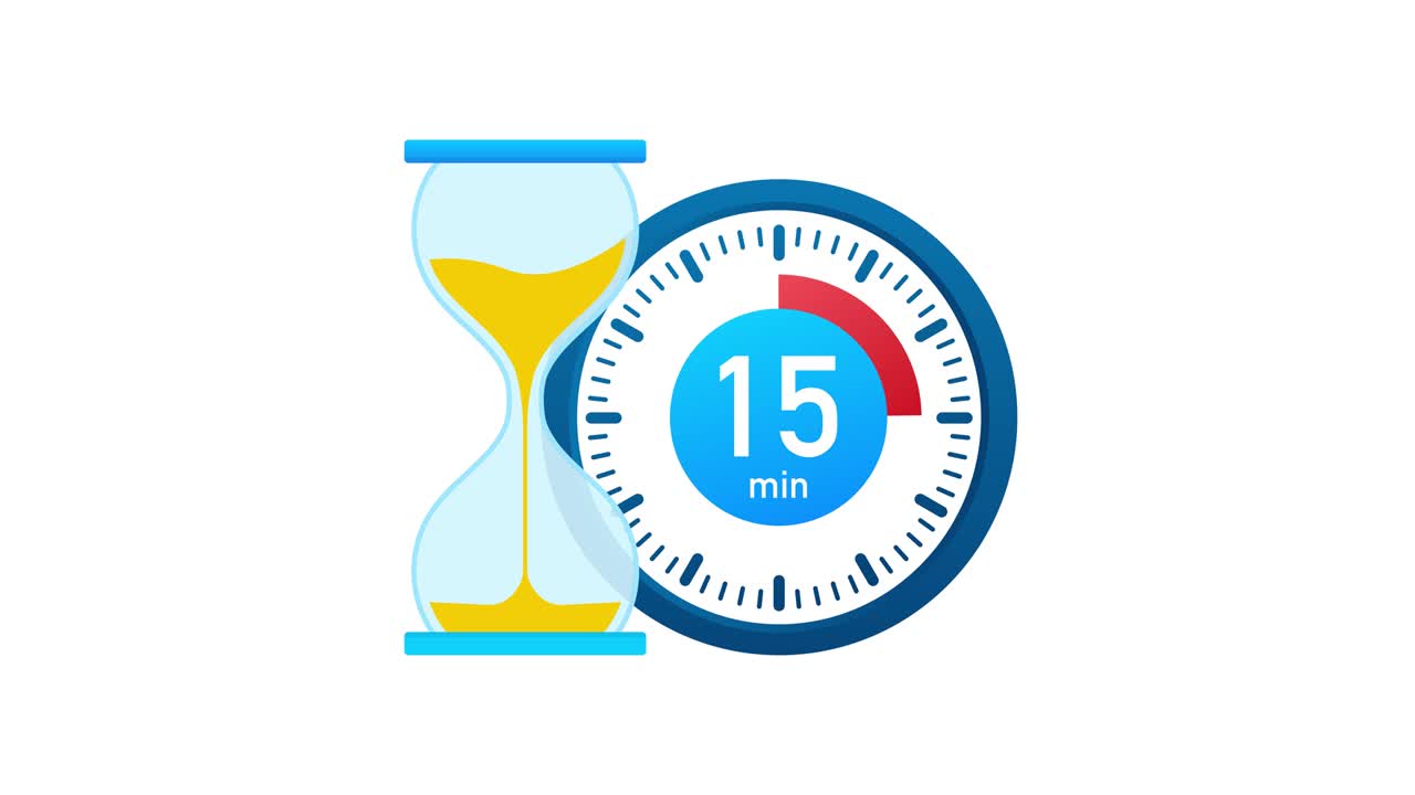The 15 minutes, stopwatch icon. Stopwatch icon in flat style, timer on on color background. Motion graphics.
