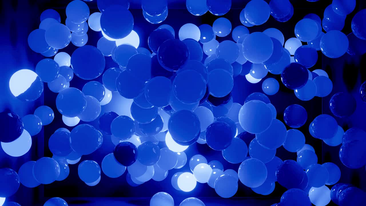 푸른 색조의 구의 추상적인 4k 배경, led와 같은 공이 공중에 매달려 있고 밝고 세련된 배경으로 꺼집니다.