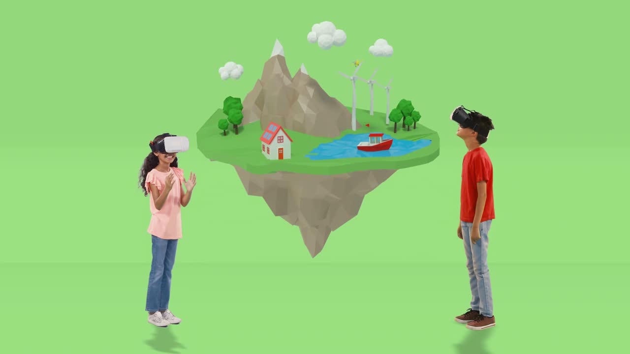 소년과 소녀는 디지털로 생성된 여행 아이콘 4k와 함께 가상 현실 헤드 ⁇ 을 사용합니다.