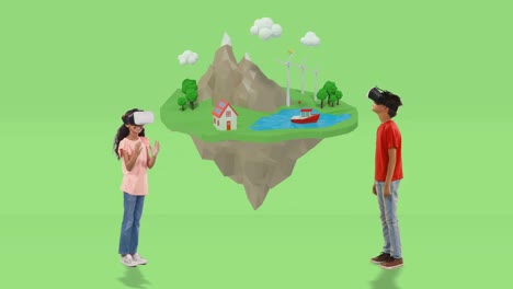 niño y niña usando auriculares de realidad virtual con iconos de viaje generados digitalmente 4k