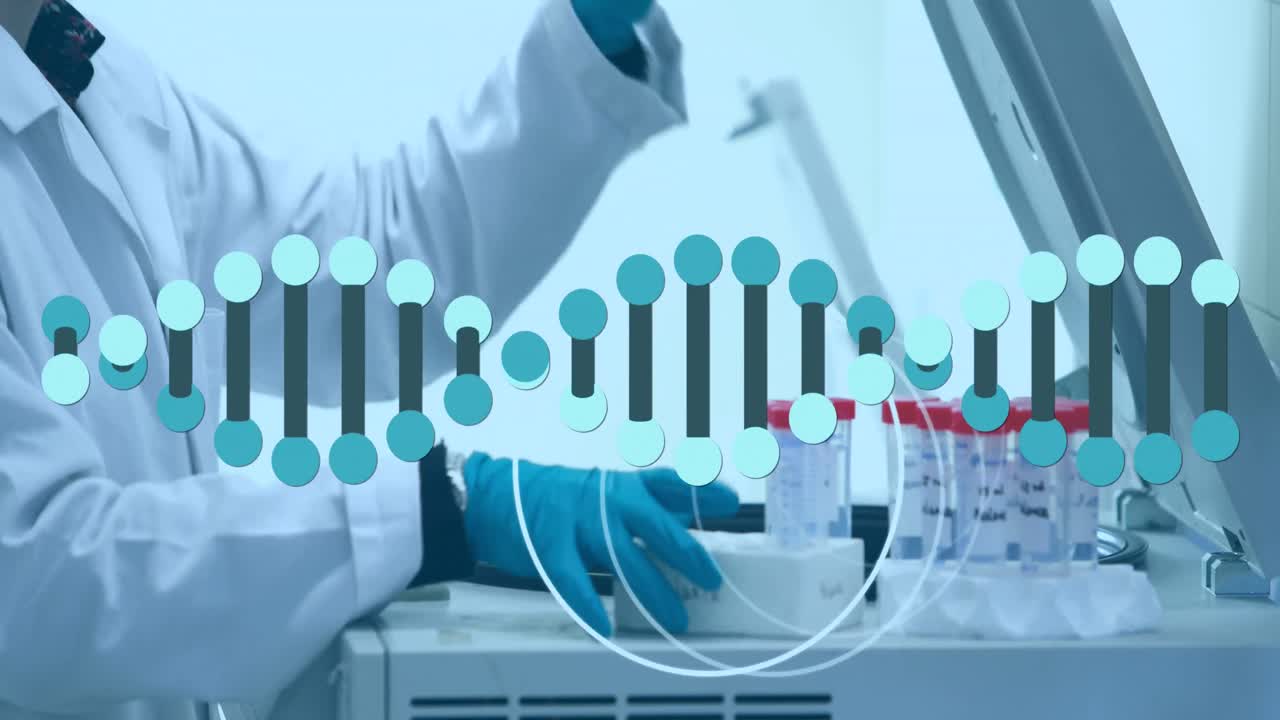 dna 구조가 기계에 시험관들을 넣는 남성 과학자의 중간 부분에 대해 회전합니다.