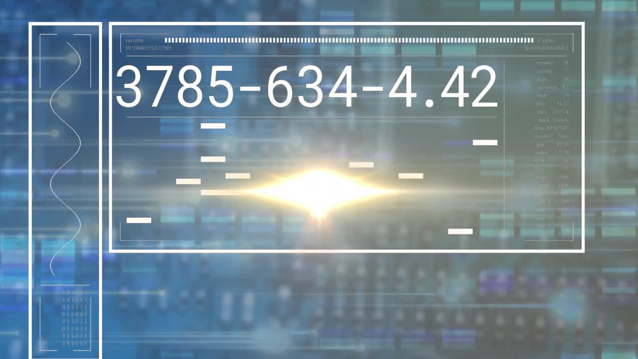 Animation of interface with data processing and light spot against blue mosaic squares