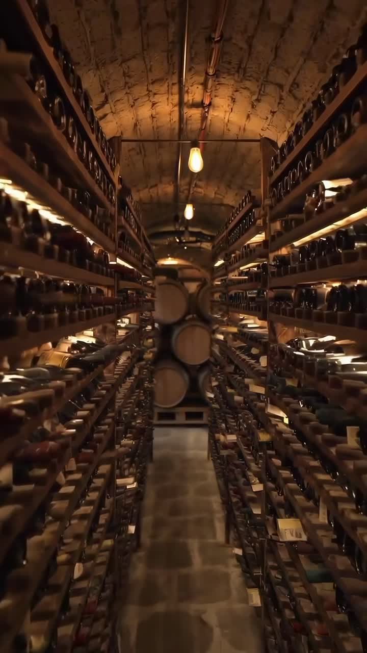 Vídeo de uma adega de vinhos com pouca luz, capturado de um ângulo baixo, mostrando fileiras de garrafas