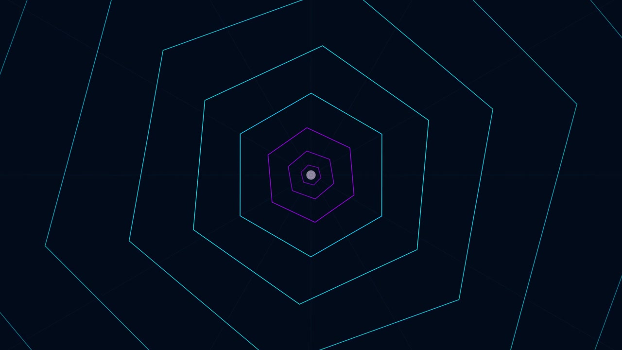Grafica animata astratta di esagoni al neon pulsanti.