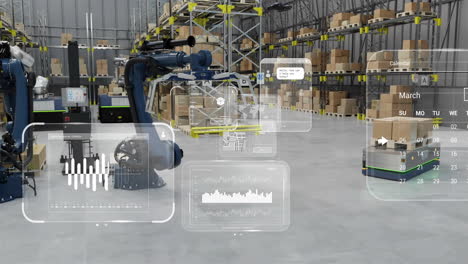 animation of diagrams and data processing over machines working in warehouse