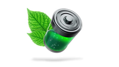 ecological battery is filled with green liquid with green leaves on a white background