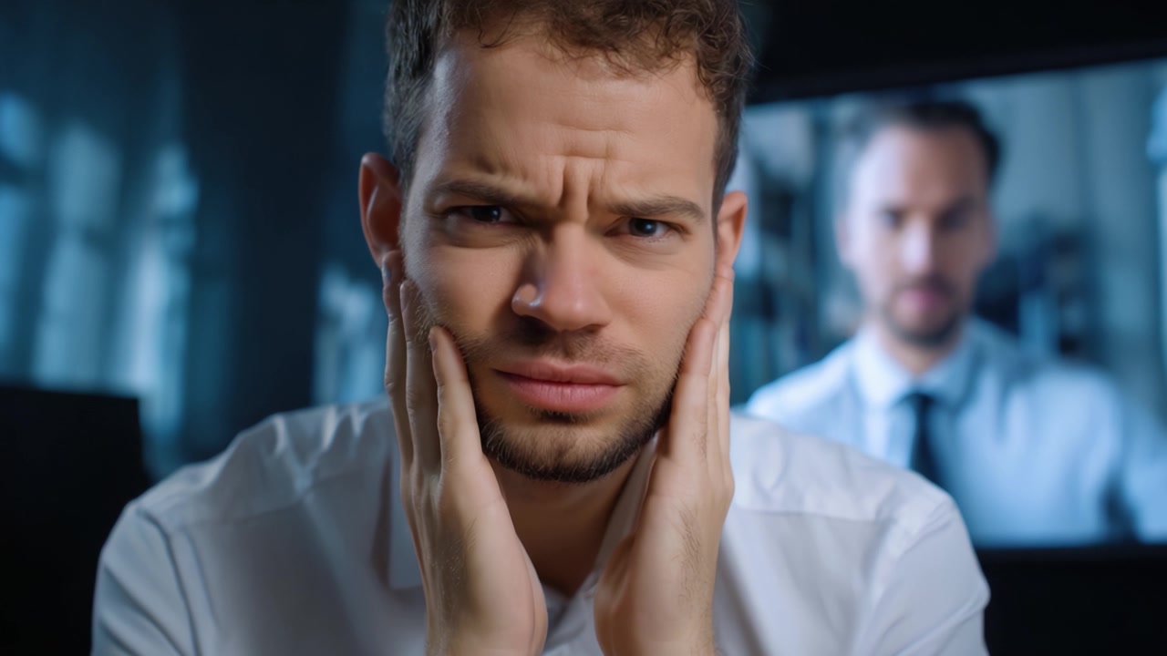 Una persona che esprime preoccupazione con un'espressione seria, mentre la sua immagine è mostrata sullo sfondo, riflettendo un momento di introspezione e ansia.