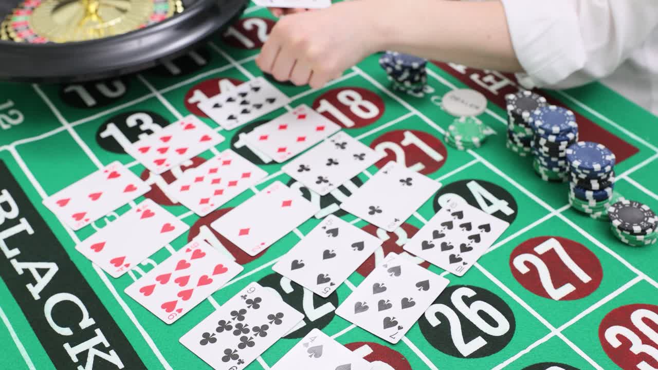 Close-up of hands playing cards at a casino table with chips and roulette