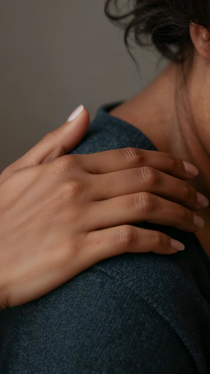 Video verticale: donna che, mettendo la mano sinistra, gira la testa rivelando il volto in una stanza, con indosso un top blu-grigio
