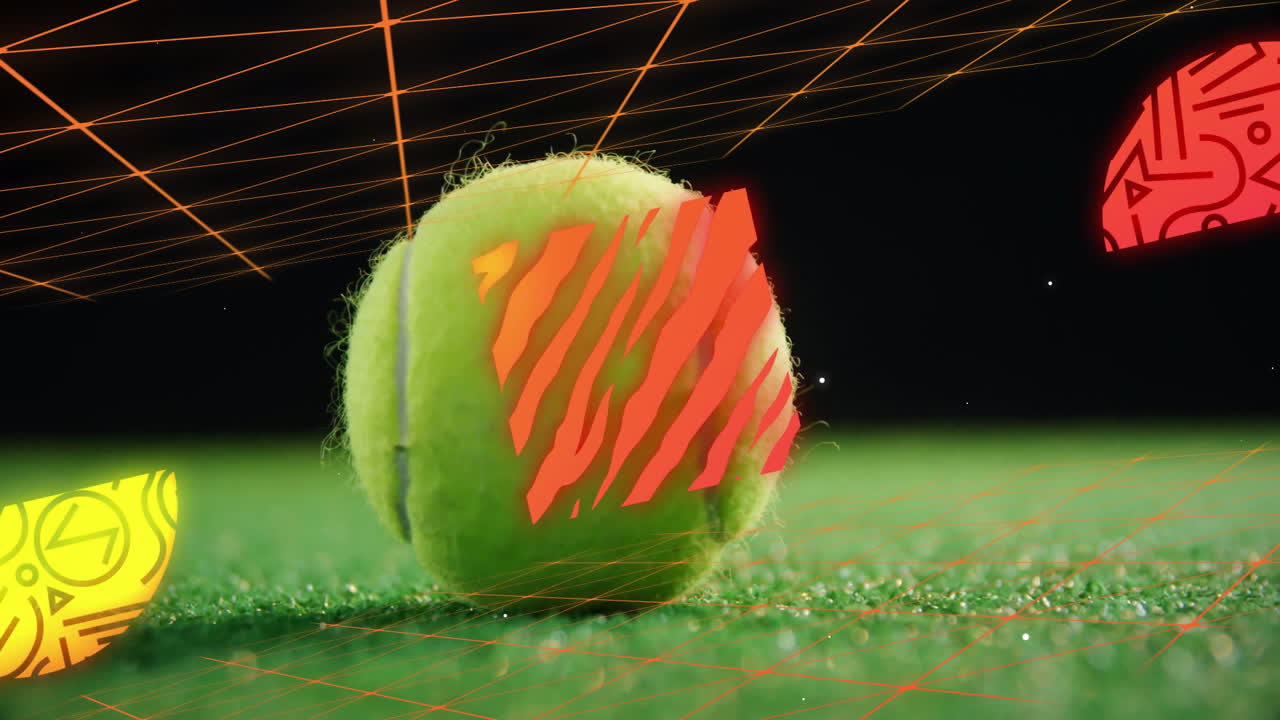 Tennis ball being highlighted against glowing orange grid lines showing red and yellow shapes