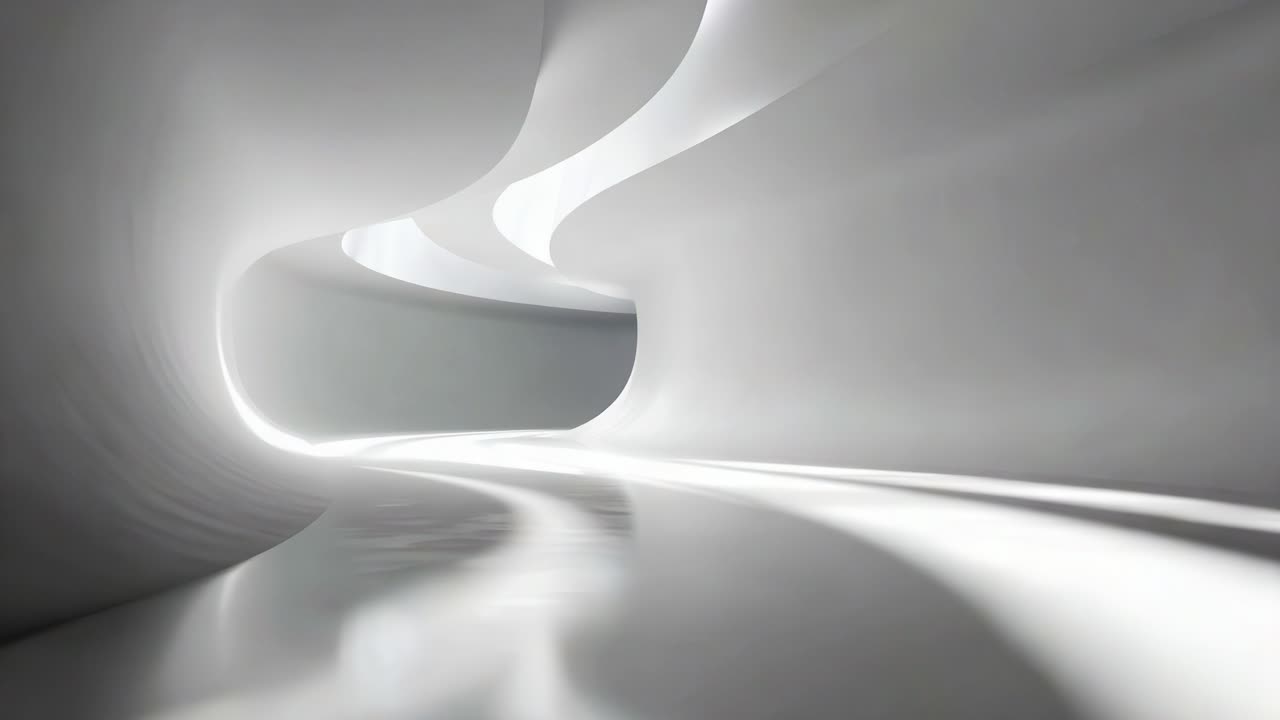A Smooth, Whispering Corridor of Light and Curves: An Ethereal Journey Through an Abstract, Minimalist Space with Flowing White Surfaces and Soft Shadows Enhancing the Serenity
