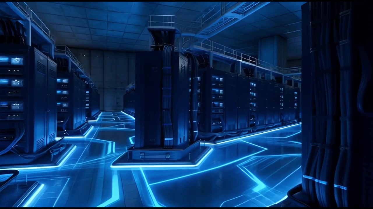 Futuristic Data Center Server Room with Glowing Blue Floor Lights