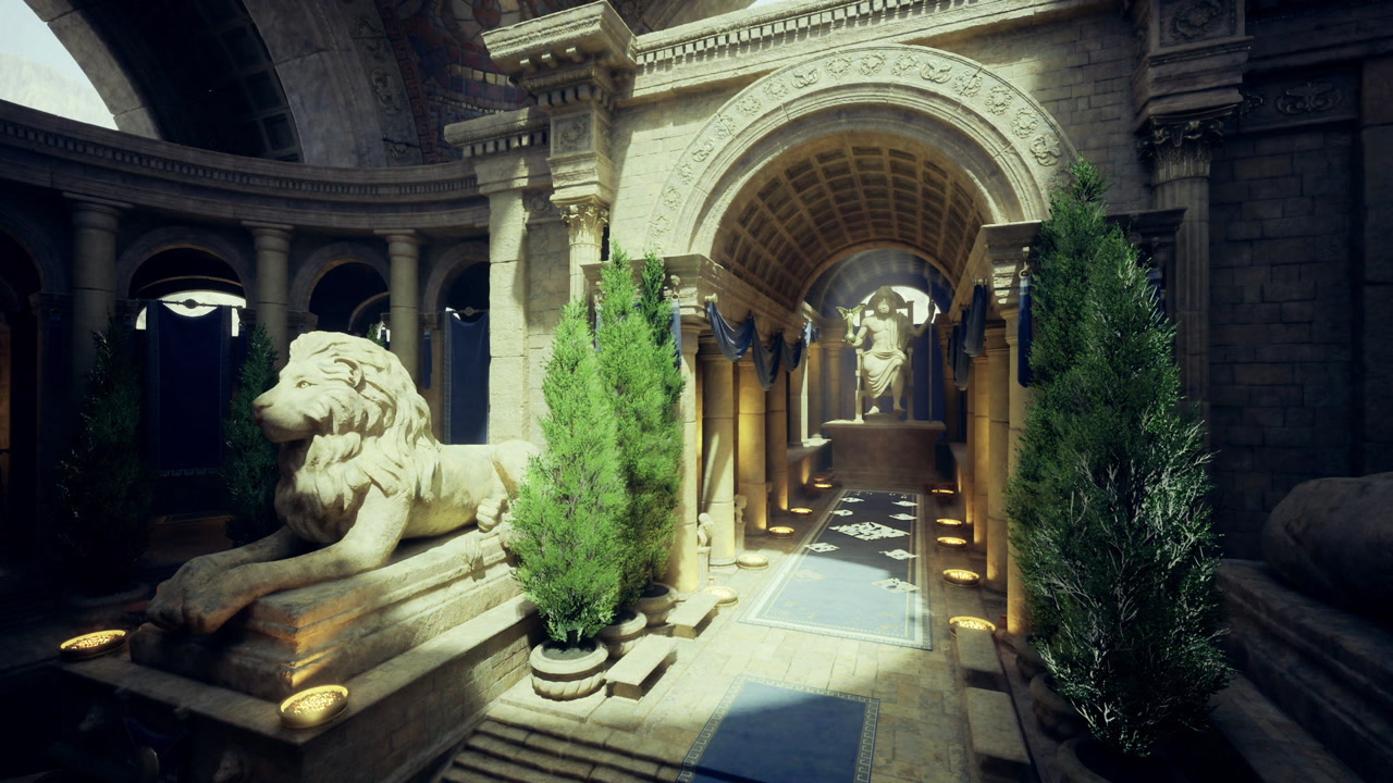 Radiant marble entrance featuring guardian lion and artistic flooring