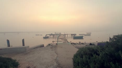 strolling along the weathered promenade structure, nearing fishing boats gently floating on the water's surface, evoking a serene maritime ambiance