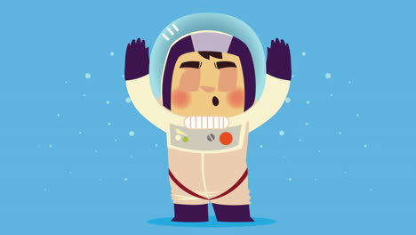 un astronauta con las manos en alto.