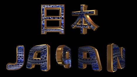 - japón inscripción 3d. letras animadas doradas con ornamento nacional en vivo. nombre del país en nativo e inglés. bucle. canal alfa.
