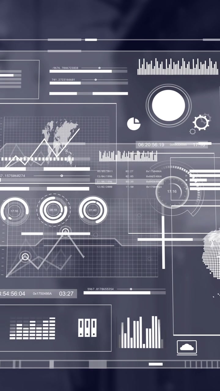 Animation of financial data processing over empty office
