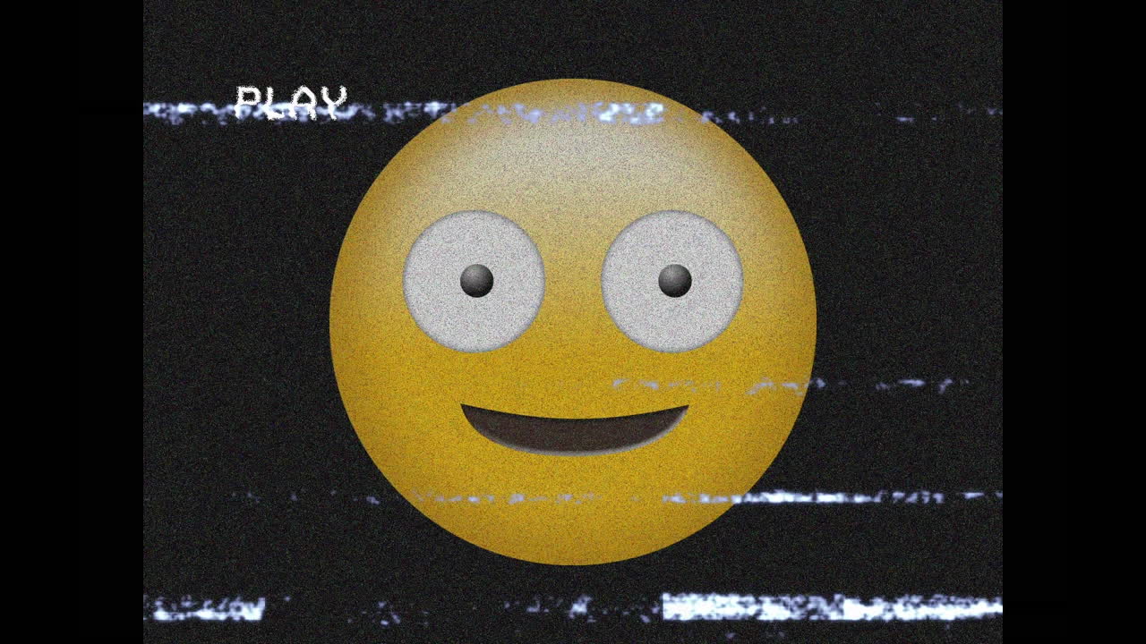 Animation of happy emoji icon over noises on screen on black background