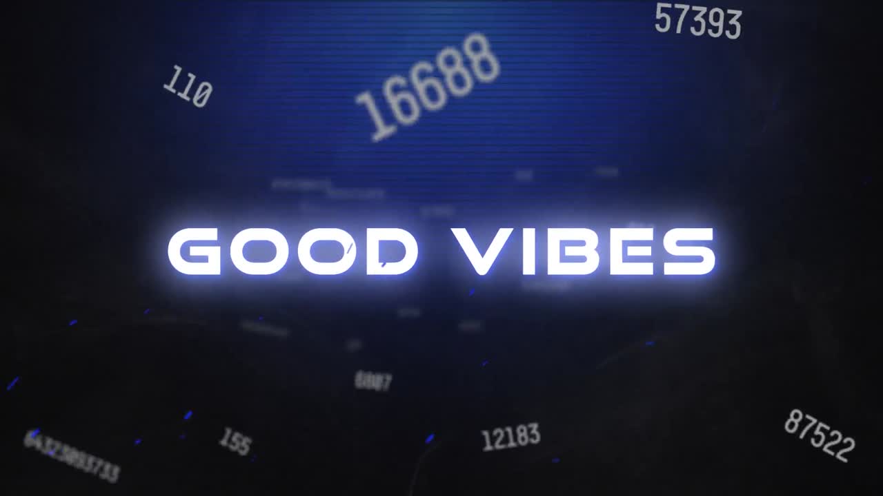 Animazione del testo 'good vibes' con numeri fluttuanti su sfondo blu