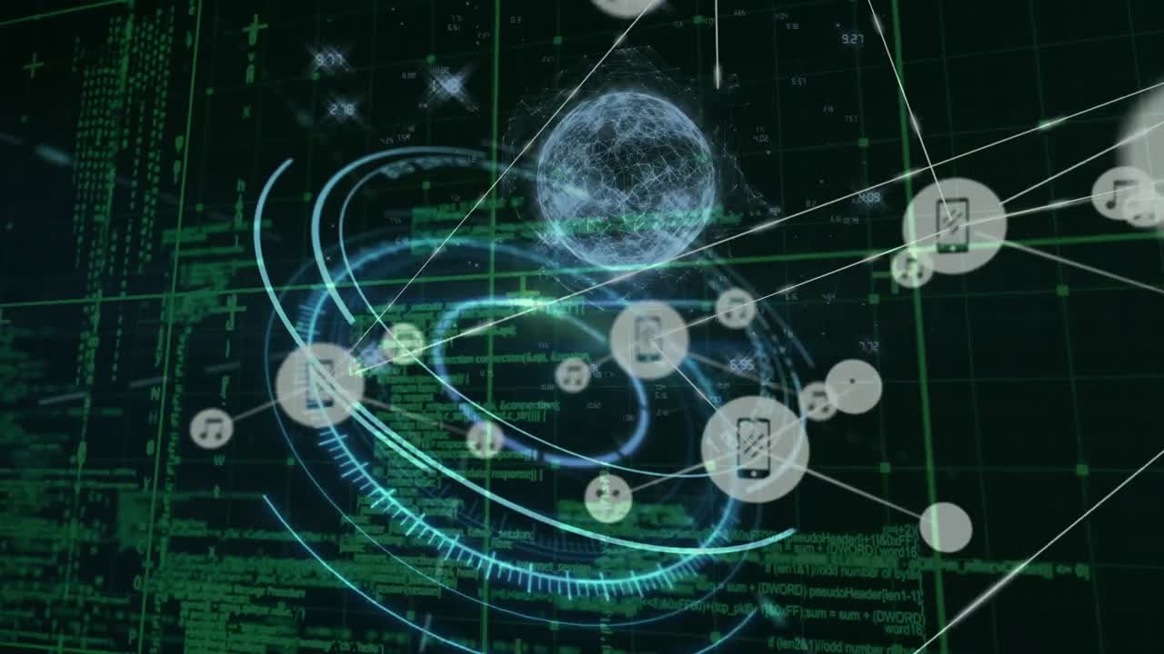 animación del globo con procesamiento de datos y red de conexiones sobre fondo negro